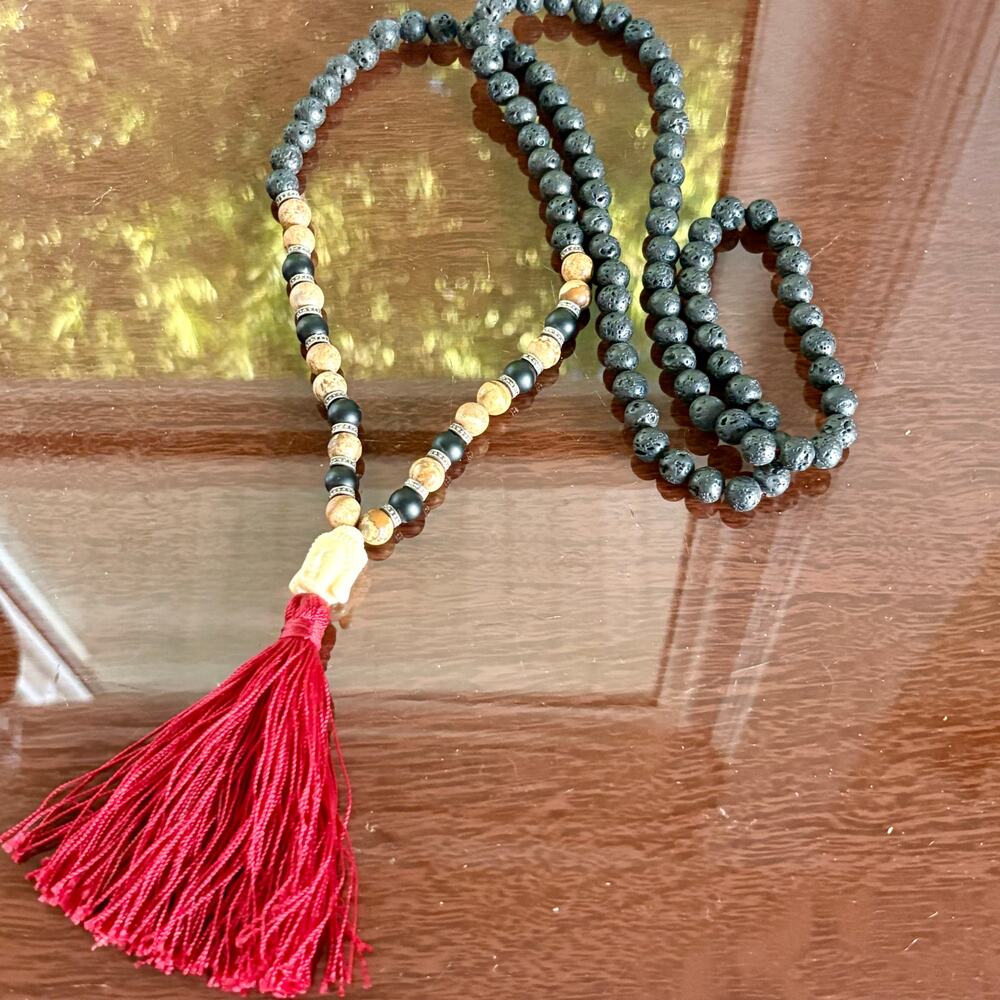 Buddha Mala Necklace Lava Stone Red Tassel with Separate Wooden Bead Necklace - Picture 7 of 15